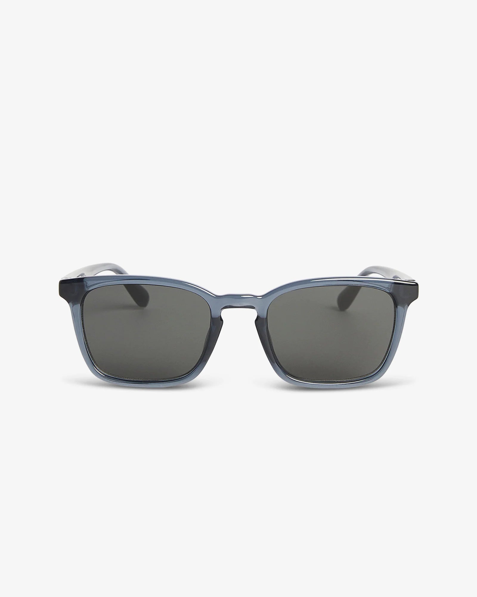 Sunglasses with blue frame and dark lenses on a white background