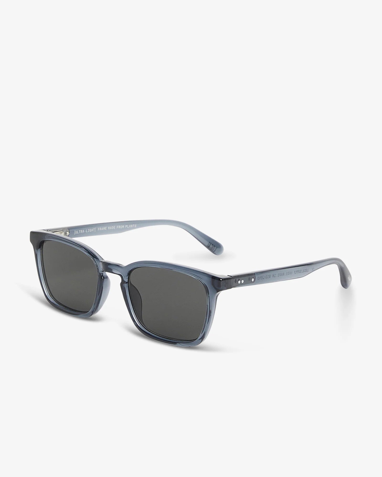 Sunglasses with a blue frame and dark lenses on a white background