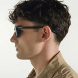 Man wearing sunglasses and a brown jacket against a white background