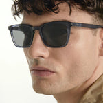 Close-up of a person wearing dark sunglasses with a neutral background