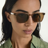 Close-up of a person wearing brown sunglasses with a blurred background