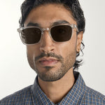 Man wearing sunglasses and a checkered shirt against a white background
