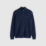 Navy blue half-zip sweater on a light gray background