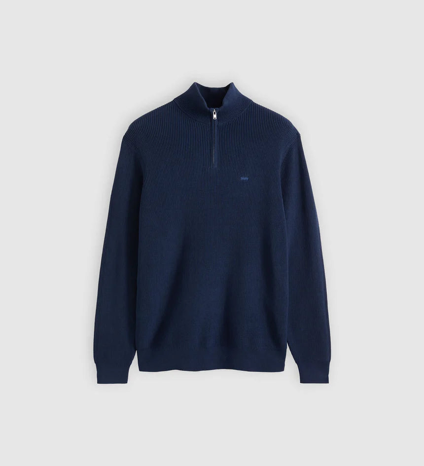 Navy blue half-zip sweater on a light gray background