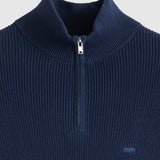 Navy blue ribbed knit sweater with a quarter zip on a light gray background