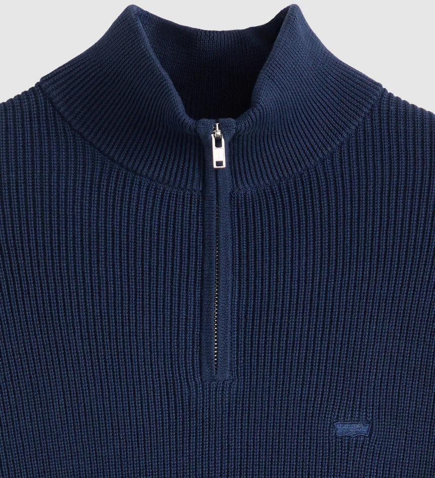 Navy blue ribbed knit sweater with a quarter zip on a light gray background