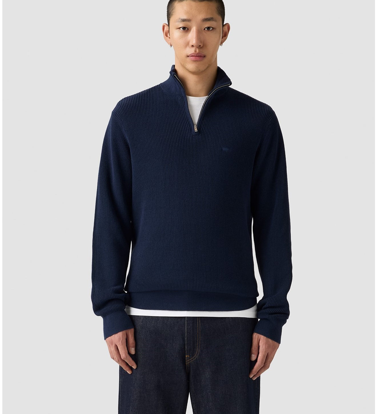 Man wearing a navy blue sweater with a white shirt underneath on a light gray background