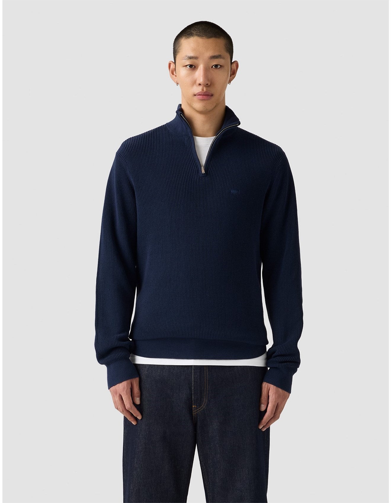 Man wearing a navy blue sweater with a white shirt underneath on a light gray background