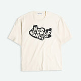 Beige t-shirt with black graphic design on a light gray background