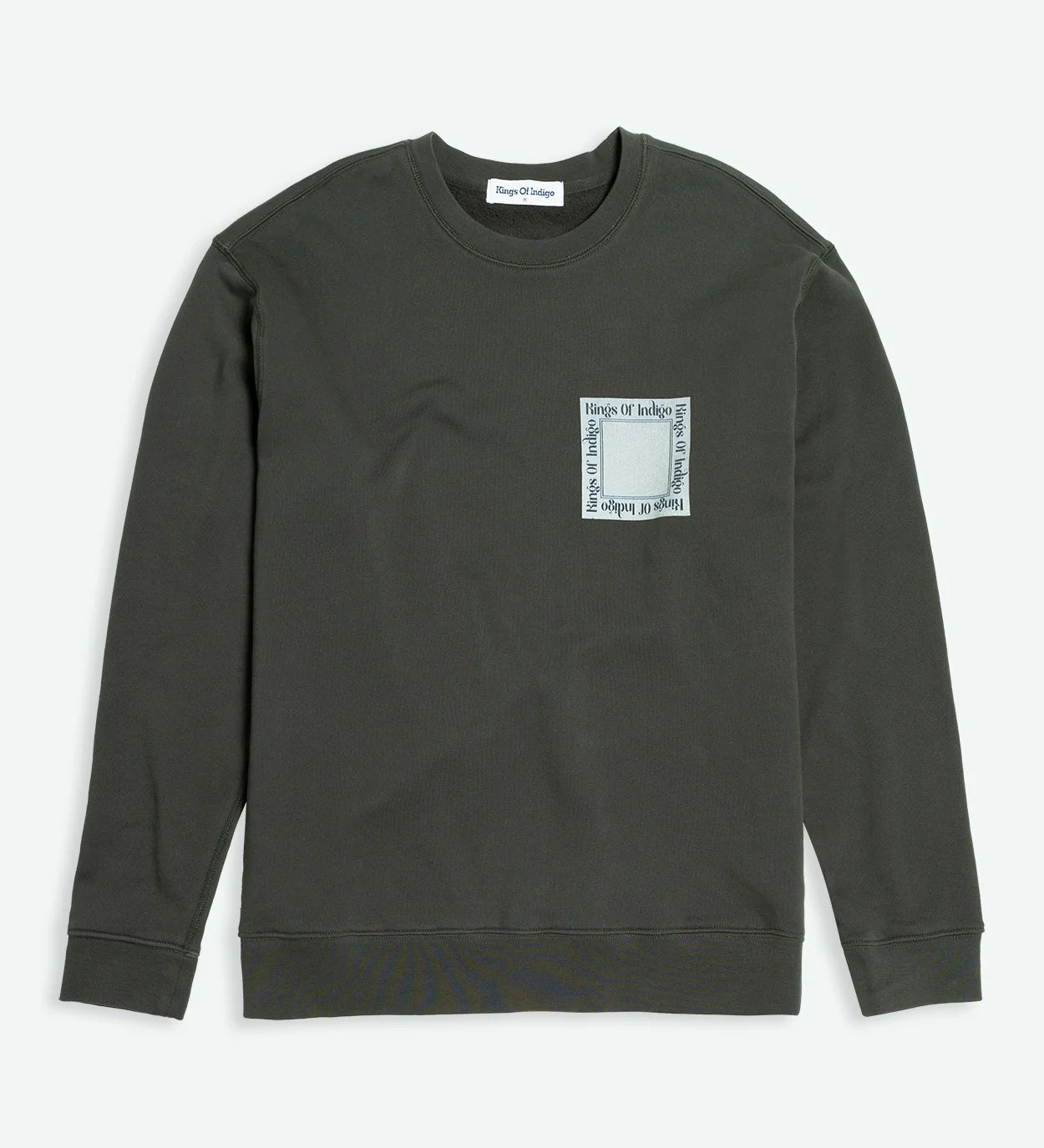 Dark gray sweatshirt with a small square logo on a white background