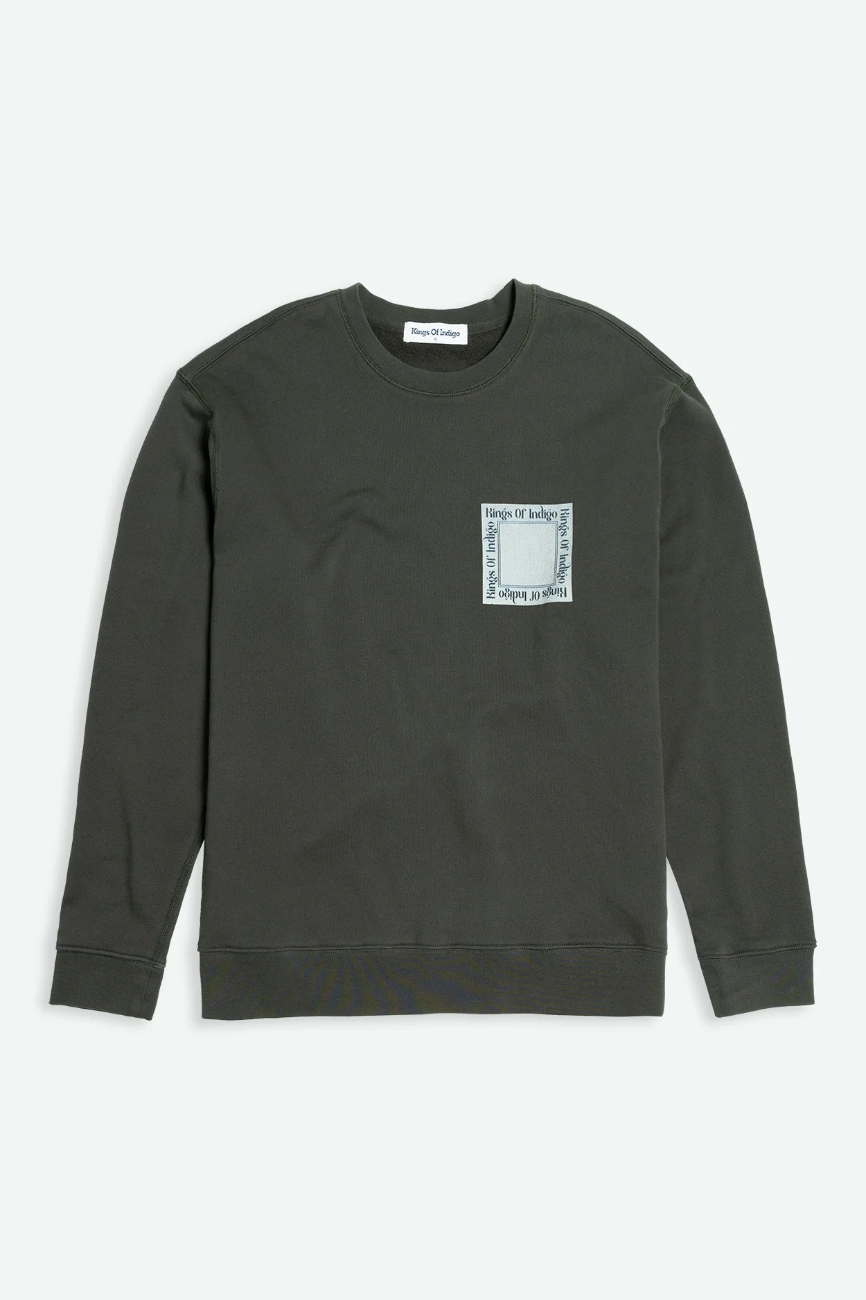 Dark gray sweatshirt with a small square logo on a white background