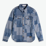 Blue patchwork denim shirt on a white background