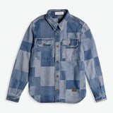 Blue patchwork denim shirt on a white background