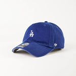 Blue baseball cap with a logo on a white background