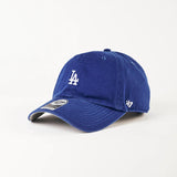 Blue baseball cap with a logo on a white background