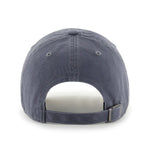 Back view of a blue baseball cap on a white background