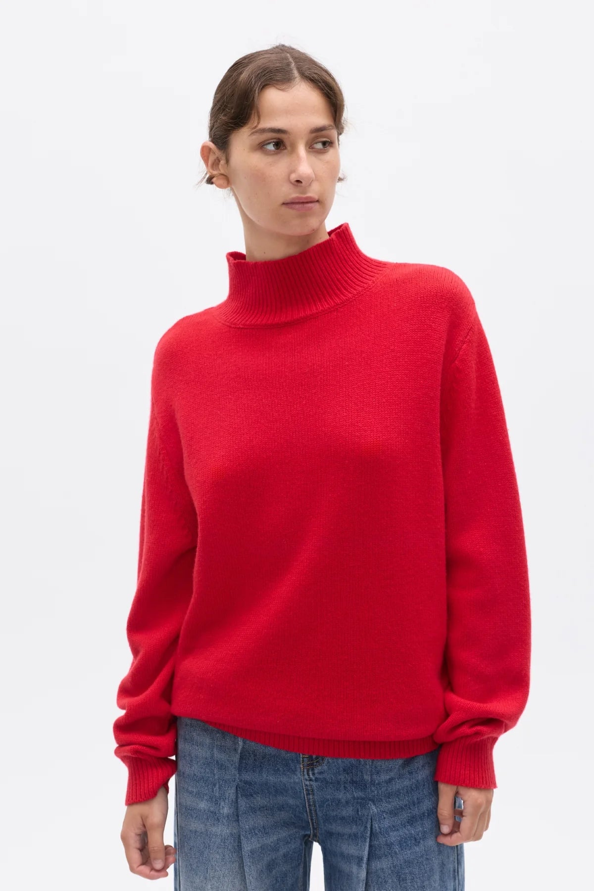 Person wearing a red turtleneck sweater on a white background