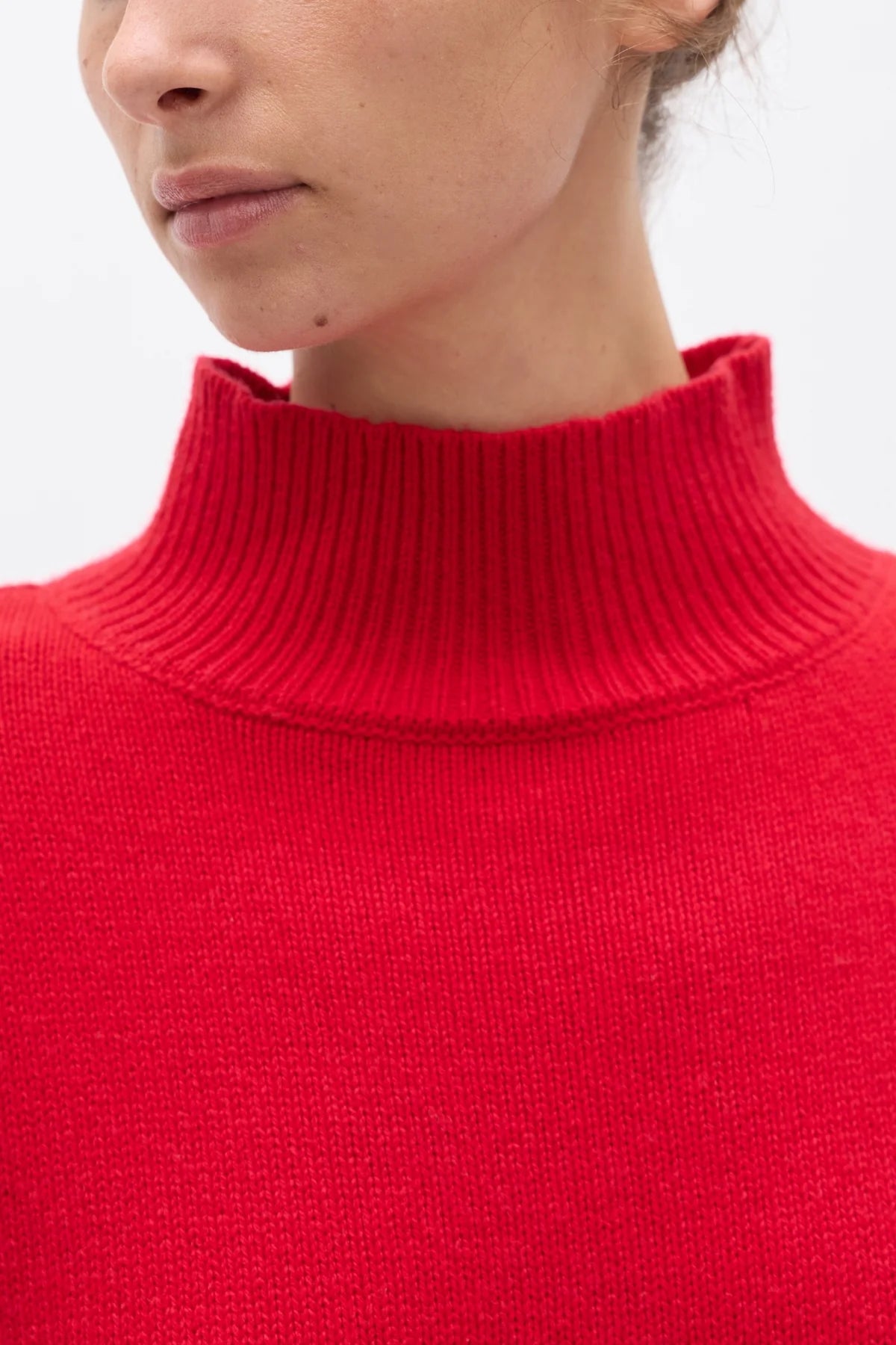 Close-up of a person wearing a red turtleneck sweater against a white background