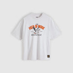 A white heather short-sleeve t-shirt with a graphic print on the front featuring a seagull and the text 'IN OUR FIELD OF WORK' 