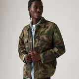 Man wearing a camouflage jacket against a plain background