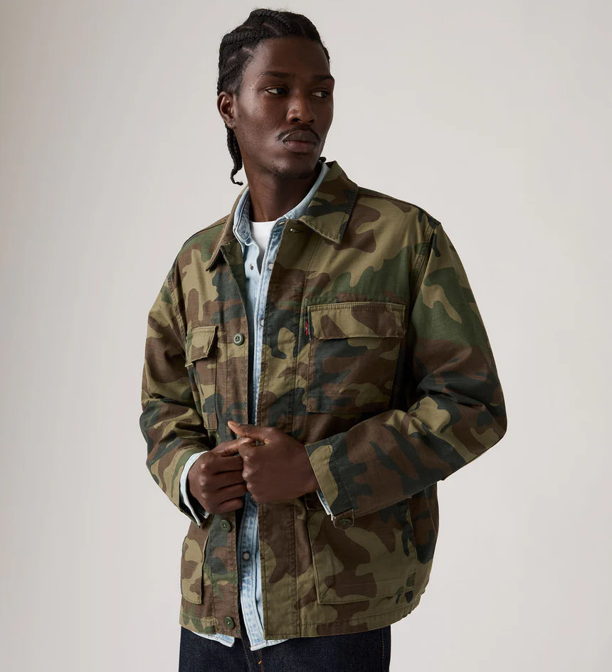 Man wearing a camouflage jacket against a plain background
