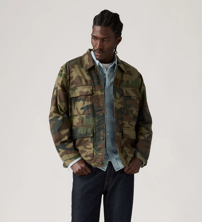 Person wearing a camouflage jacket over a denim shirt on a plain background
