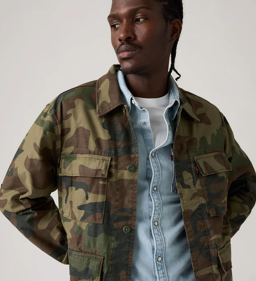 Man wearing a camouflage jacket over a denim shirt on a plain background