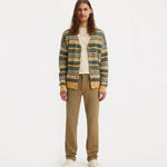 A model stands against a plain white studio background wearing a striped knit cardigan with yellow, green, and blue tones over a cream shirt, paired with tan pants and white sneakers.