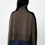 Person wearing a brown sweater with black sleeves on a white background
