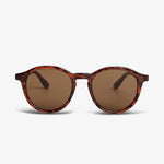 Round sunglasses with tortoiseshell frame and brown lenses on a white background