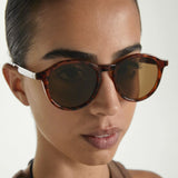 Close-up of a person wearing brown sunglasses with a neutral background