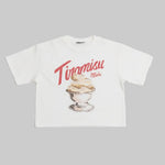White t-shirt with 'Tiramisu Maku' text and tiramisu illustration on a gray background