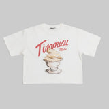 White t-shirt with 'Tiramisu Maku' text and tiramisu illustration on a gray background