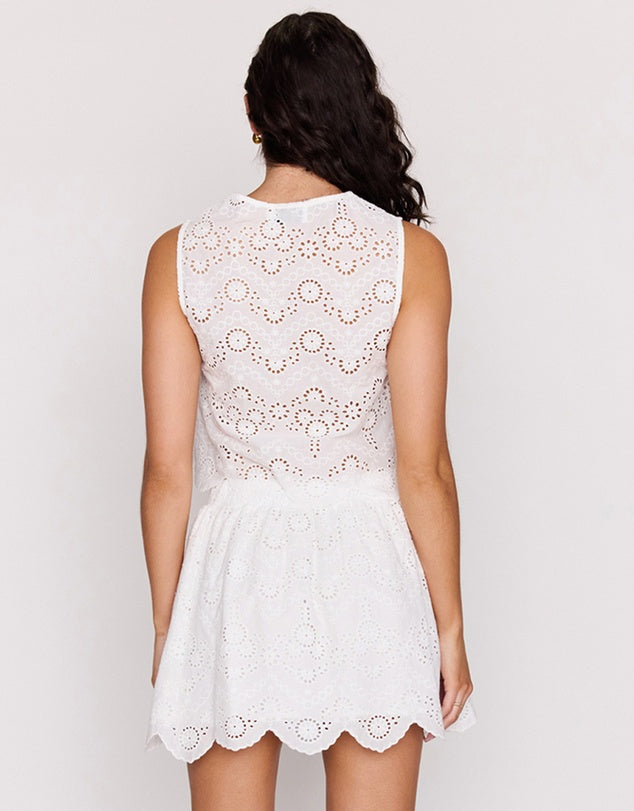 White lace dress on a plain background