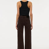 A model shown from the back wearing dark brown wide-leg corduroy pants and a black sleeveless top, standing against a plain white studio background.