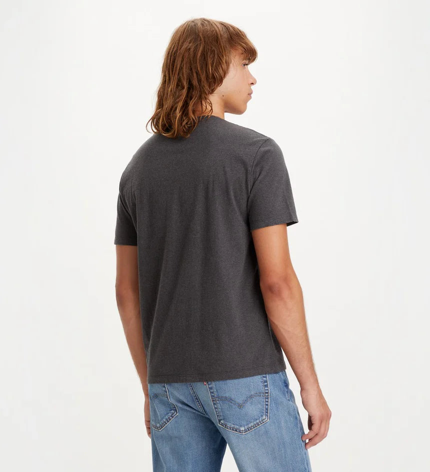 Person wearing a dark gray t-shirt and blue jeans on a white background