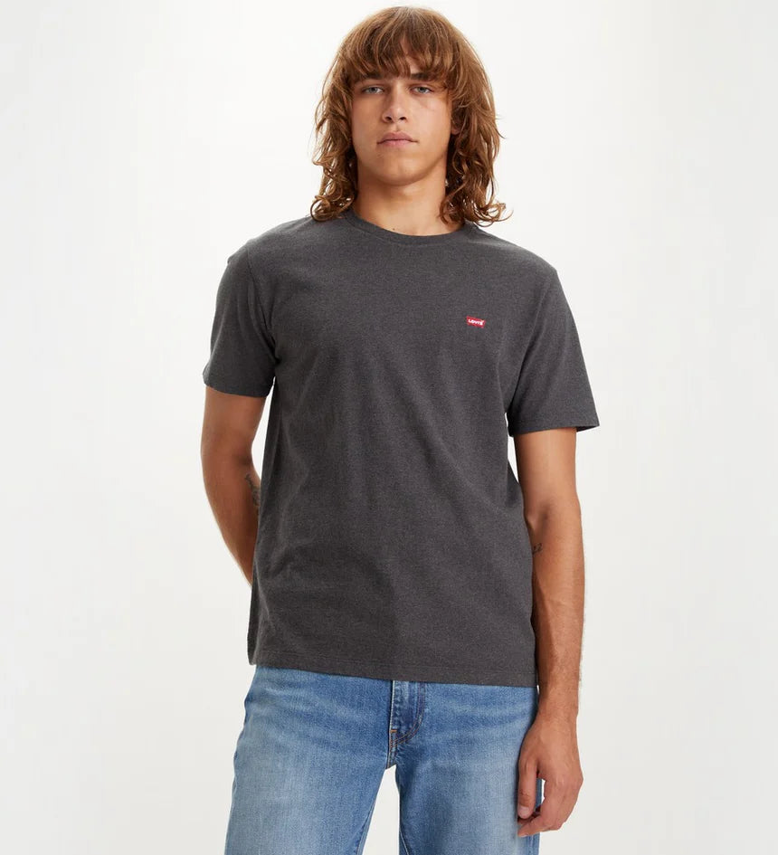 Person wearing a dark gray t-shirt with a small red logo on a white background