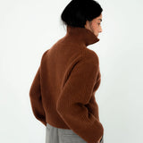 Person wearing a brown turtleneck sweater and gray pants against a white background