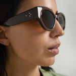Person wearing a pair of sunglasses with a blurred background