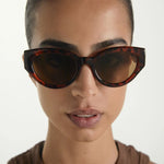 Person wearing tortoiseshell sunglasses with a neutral background