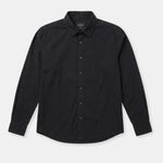 A black long-sleeve button-down shirt with a classic collar, laid flat against a light gray background.