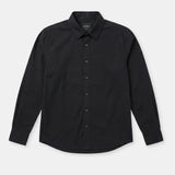 A black long-sleeve button-down shirt with a classic collar, laid flat against a light gray background.