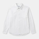 A white long-sleeve button-down shirt with a classic collar, laid flat against a light gray background.