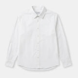 A white long-sleeve button-down shirt with a classic collar, laid flat against a light gray background.