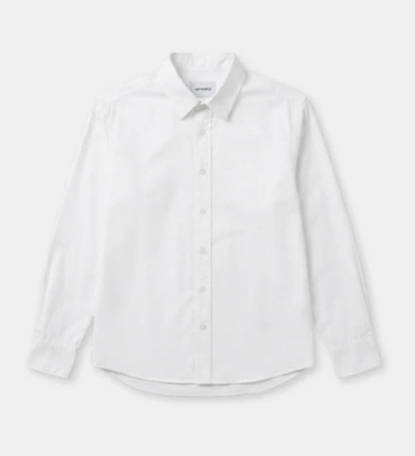 A white long-sleeve button-down shirt with a classic collar, laid flat against a light gray background.