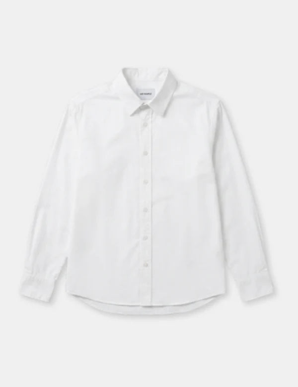 A white long-sleeve button-down shirt with a classic collar, laid flat against a light gray background.