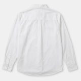 A white long-sleeve button-up shirt shown from the back, laid flat against a light gray background.