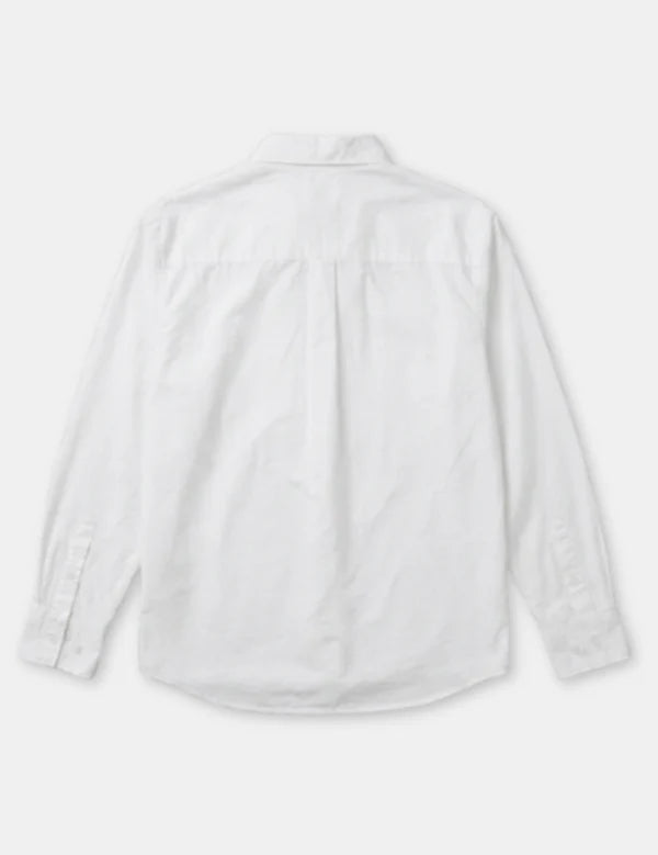 A white long-sleeve button-up shirt shown from the back, laid flat against a light gray background.