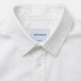 Close-up of a white long-sleeve button-down shirt collar with a light blue interior label reading 'MR SIMPLE' and 'MEDIUM'.