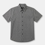 A short-sleeve button-up shirt with a small black and white micro-check pattern, displayed flat against a light gray background.